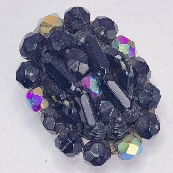 VTG Western German Glass AB Jet Black Cluster Clip On Earrings 1960s Cocktail - Picture 11 of 12